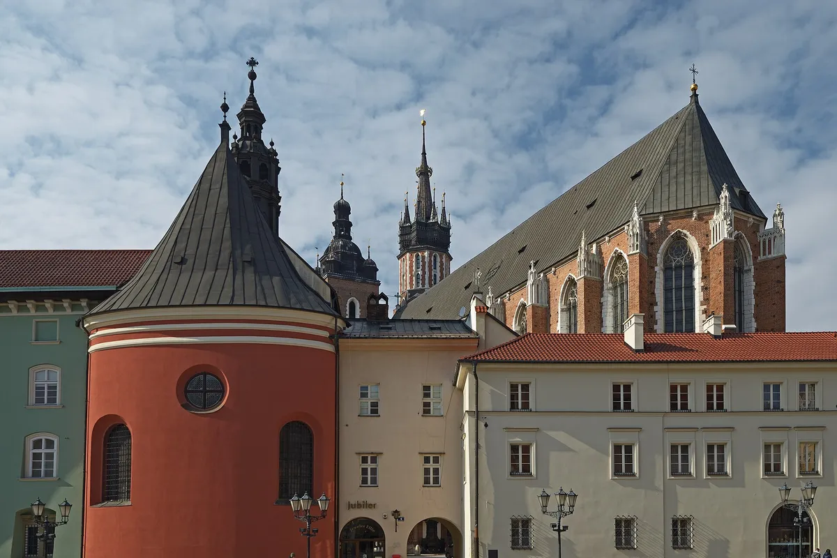 Church of St. Barbara and St. Mary's Basilica. View from the Maly Rynek. Krakow, Poland