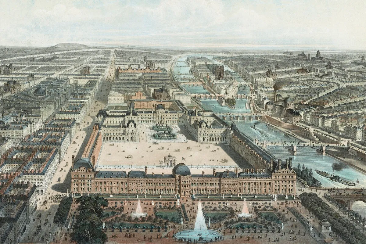Paris moderne. Les Tuileries, le Louvre, et la rue de Rivoli, vue prise du Jardin des Tuileries